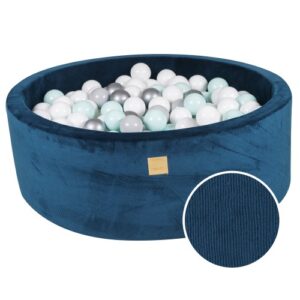 Apaļa bumbiņu bedre ar 200 zilām/baltām/metāla bumbiņām, 90x30cm - zils samts